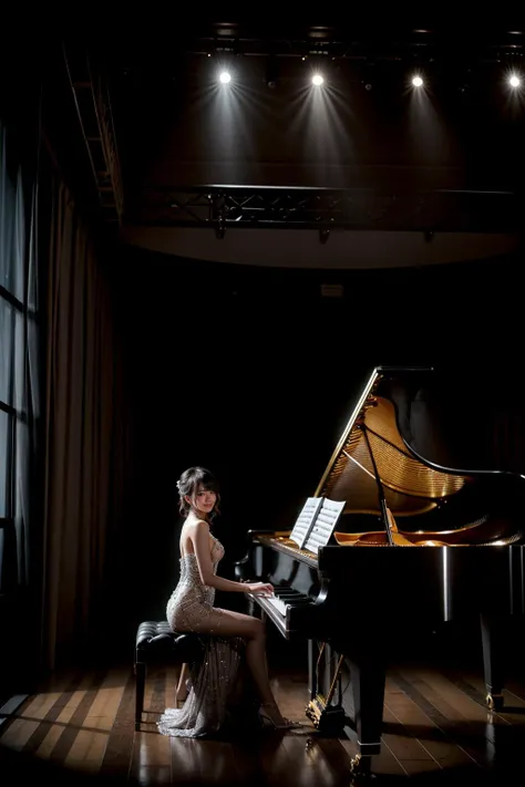 (realistic:1.3), finely detailed, quality, rembrandt lighting, (masterpiece:1.2), (photorealistic:1.2), (best quality), (detailed skin:1.3), (intricate details), dramatic, ray tracing, 1girl, japanese girl, 21 years old, detailed skin texture, (blush:0.5), (goosebumps:0.5), subsurface scattering, smiling, medium breasts, short hair curls, bangs, hair between eyes, formal performance gown, sitting, from side, playing the grand piano, grand piano, (concert stage, concert hall),  <lora:Instruments:0.5>