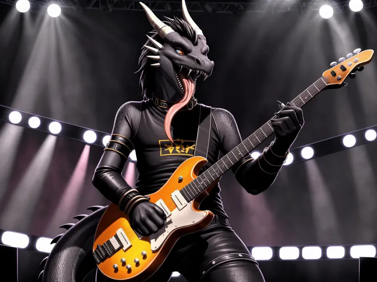 highest quality, incredible details, 8k UHD, <lora:Instruments:0.8>, a heavy_metal_band playing on a large stage with a male dragon guitarist, lights, banner_with_band_logo, ((band_visible):1.5), long tongue