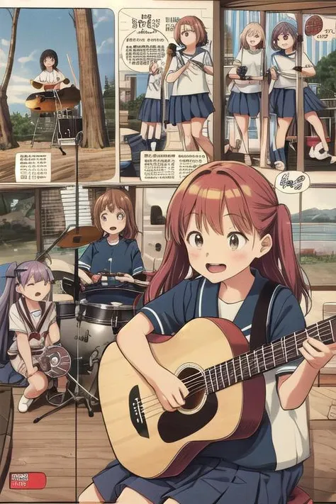 masterpiece, best quality,ultra detail, <lora:anmnr01:0.3> <lora:add_detail:0.4>,<lora:GoodHands-vanilla:0.7>,4girls,clubhouse ,sailor uniform<lora:Instruments:0.7>, acoustic guitar, electric guitar,(drums), singing,comic , <lora:Icy Cold Comics:0.4>comic_panel_layout