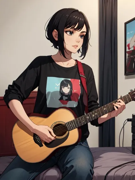 guitar, acoustic guitar, 1girl, solo, (black hair), (bedroom background), (Punk clothes), (<lora:Instruments-000029:0.5>)