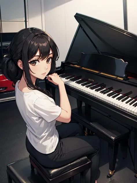 piano, grand piano, 1girl, solo, sitting, (black hair), (garage background), (), (<lora:Instruments-000029:0.6>)