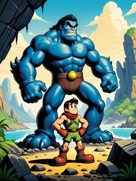 (old cartoon style illustration:1.1)  of 
an amazing hero in adventurer outfit, staring at a huge rocky monster, rocky island background
 <lora:xl_more_art-full_v1:0.25> <lora:A_RubberHose_Character_v2_XL:1> rubber_hose_character
 <lora:add-detail-xl:1.1> misc,