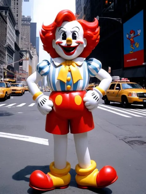 ronald mcdonald, (rubber_hose_character:1.2) <lora:RubberHose_Characters_SDXL_v1:2>, cartoon, in NY city, (noodle_limbs:1.4)