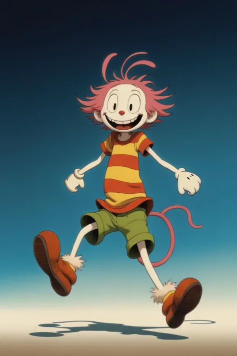 <lora:RubberHose_Characters_SDXL_v1:1.1> rubber_hose_characterIllustration style, creature, wacky, furry, large piercing eyes, comical, fun, sensation of pure frenzy, dynamic, highly detailed, rich emotive colors, masterpiece, sharp intricate detailing, art by (Quentin Blake and mamoru hosoda), spotlight, shadow, dark theme