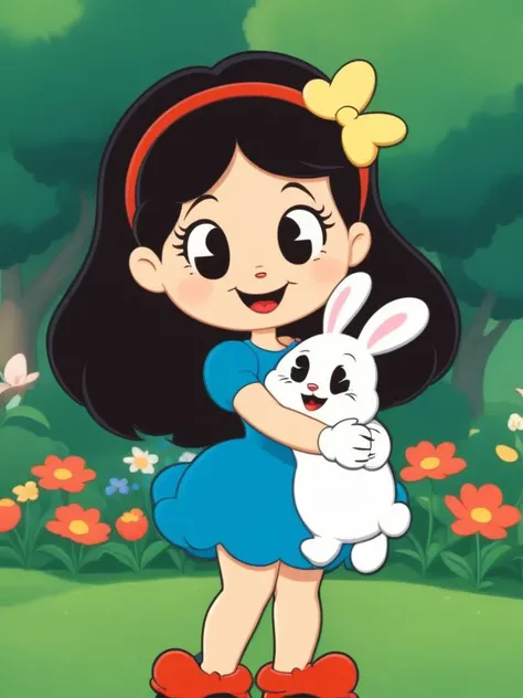 cute girl, human,  (rubber_hose_character:1.3) <lora:RubberHose_Characters_SDXL_v1:2>cartoon, noodle_limbs, holding her fluffy bunny, garden background