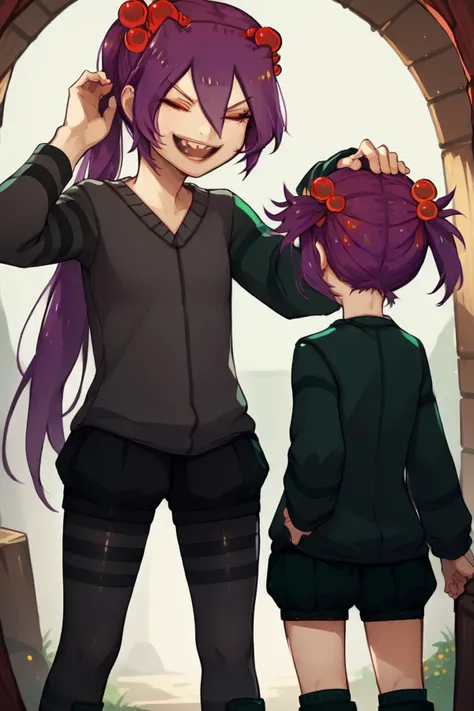 score_9, score_8_up, score_7_up, score_6_up, source_anime, two girls standing, sisters, hand on another's head, headpat BREAK 1girl, <lora:Spiderchan_XLPD:1> Spider-chan, purple hair, red eyes, ponytail, hair ornament, hair between eyes, hair bobbles, long hair, bangs, black pantyhose, long sleeves, collarbone, short shorts, closed eyes, happy, smile BREAK 1girl, <lora:mccavespider-pdxl-nvwls-v1-000005:1> spid3r, short twintails, purple hair, hair bobbles, green sweater, green shorts, green boots, annoyed, pout