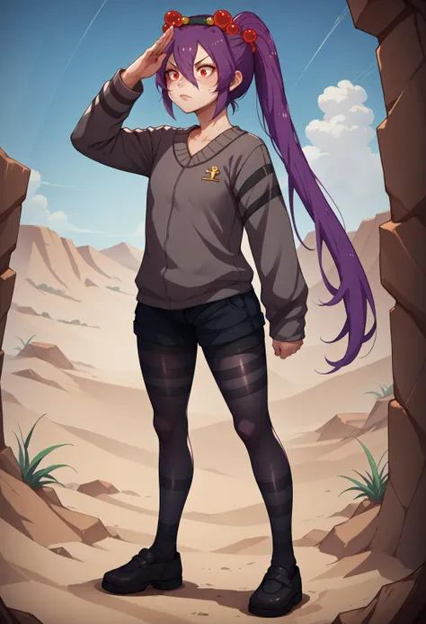 score_9, score_8_up, score_7_up, source_anime, 1girl, solo,  <lora:Spiderchan_XLPD:0.9>, Spider-chan, purple hair, red eyes, ponytail, hair ornament, hair between eyes, hair bobbles, long hair, bangs, black pantyhose, long sleeves, short shorts, full body, desert, sweat, salute, from side, confused, egyptian,