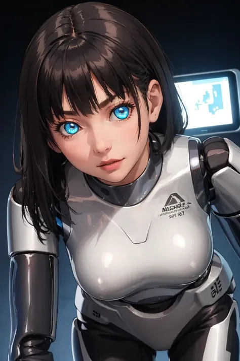 masterpiece, best quality,  <lora:HRP:0.7> hrp-4c, android, mechanical parts, robot joints, chrome metal, robotization, cyberpunk, futuristic, circuitry, blue glowing background, night sky, looking at viewer, (glowing eyes:1.1), leaning forward, close-up, aqua eyes