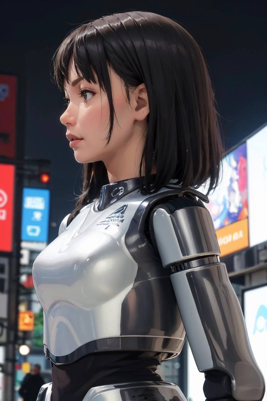 masterpiece, best quality, <lora:HRP:0.7> hrp-4c, android, mechanical parts, robot joints, chrome metal, robotization, cyberpunk, futuristic, circuitry, profile, emotionless, abstract background, circuitry, night, cyberpunk