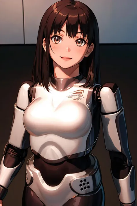 masterpiece, best quality, <lora:HRP-xC-000001:0.9> hrp-4c, android, mechanical parts, robot joints, chrome metal, looking at viewer, smile, from above, gradient background, upper body