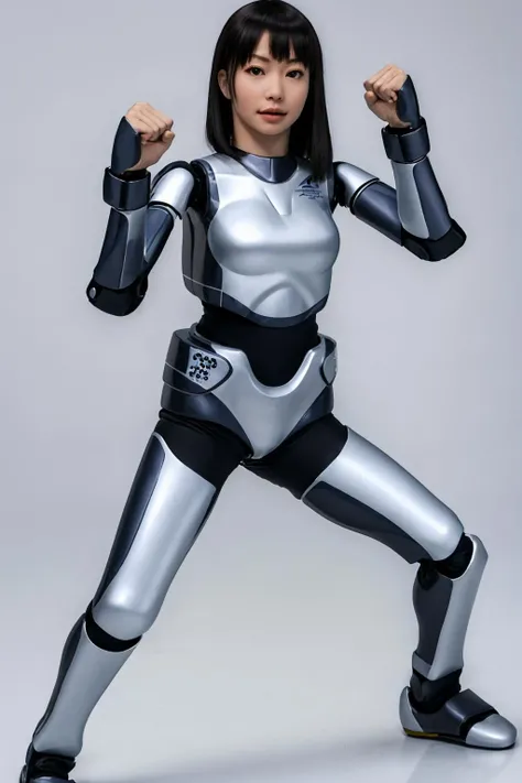 masterpiece, best quality, <lora:HRP-xC-000001:0.9> hrp-4c, android, mechanical parts, robot joints, chrome metal, looking at viewer, white background, laboratory, wide shot, fighting stance, fists
