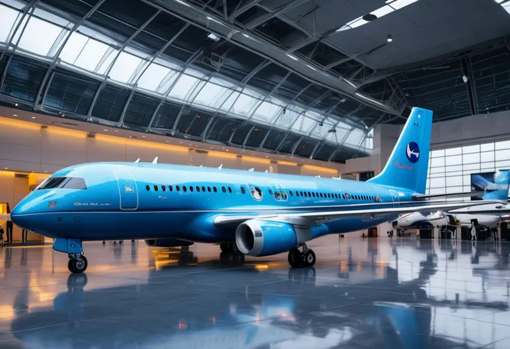 (medium full shot) of (spacious minuscule blue airplane) with carbon-fiber fuselage, hybrid engines, multiple decks, LED lighting, set in in a luxurious terminal lounge, first-class passengers relaxing before their flight, the airplane being readied outside, amid stormy weather, ,Masterpiece,best quality, raw photo, realistic, very aesthetic