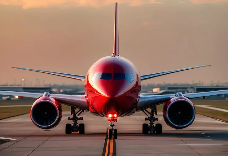 (medium full shot) of (sleek expansive red airplane) with reinforced-plastic fuselage, hybrid engines, large windows, LED lighting, set in  on the runway, engines roaring, preparing for takeoff, the airplane gathering speed, during sunset, ,Masterpiece,best quality, raw photo, realistic, very aesthetic