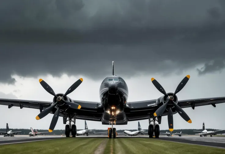 (medium full shot) of (advanced medium black airplane) with advanced-composite fuselage, propeller engines, multiple decks, nose art, set in in the queue for takeoff, multiple airplanes lined up on the runway, awaiting their turn, amid stormy weather, ,Masterpiece,best quality, raw photo, realistic, very aesthetic