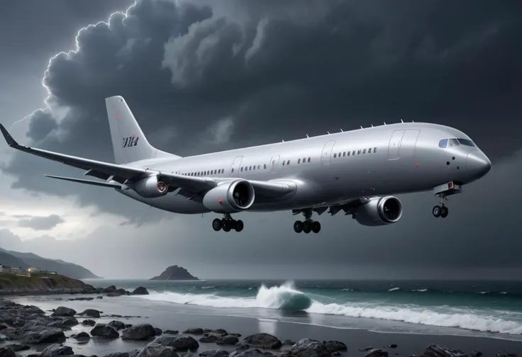 (medium full shot) of (advanced large gray airplane) with composite-material fuselage, turboprop engines, wide body, LED lighting, set in  above a scenic coastline, the airplane offering breathtaking views to its passengers, amid stormy weather, ,Masterpiece,best quality, photo, realistic, very aesthetic