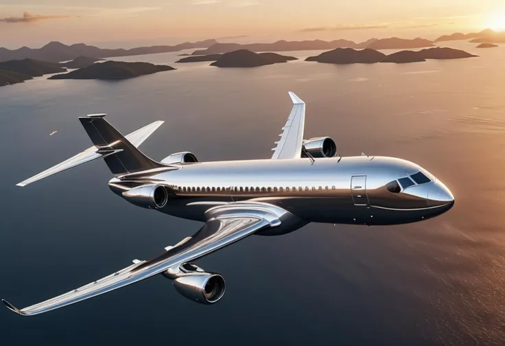 (medium full shot) of (sleek minuscule metallic airplane) with titanium fuselage, turbojet engines, advanced avionics, metallic accents, set in cruising above a chain of remote islands, the airplane offering unique views, during sunset, ,Masterpiece,best quality, raw photo, realistic, very aesthetic