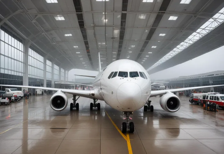 (medium full shot) of (efficient large white airplane) with reinforced-plastic fuselage, ducted fan engines, advanced avionics, wingtip markings, set in at the bustling terminal, passengers eagerly awaiting boarding, the airplane visible through large windows, amid stormy weather, Masterpiece,best quality, photo, realistic, very aesthetic,