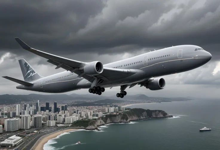 (medium full shot) of (robust jumbo gray airplane) with titanium fuselage, electric engines, wide wingspan, metallic accents, set in cruising above a coastal city, the airplane offering a mix of urban and ocean views, amid stormy weather, Masterpiece,best quality, photo, realistic, very aesthetic,
