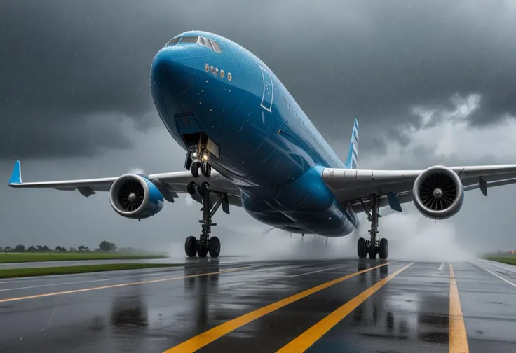 (medium full shot) of (efficient jumbo blue airplane) with reinforced-plastic fuselage, turbojet engines, multiple decks, stylish stripes, set in  in the midst of a storm, the airplane enduring strong winds and heavy rain, amid stormy weather, Masterpiece,best quality, photo, realistic, very aesthetic,