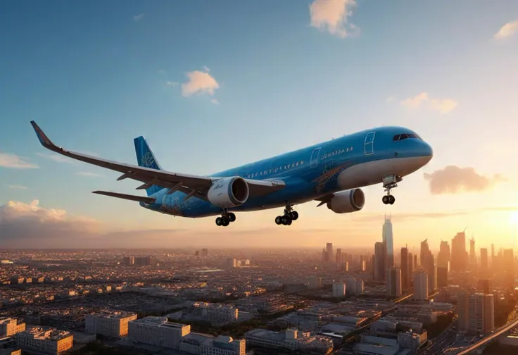 (medium full shot) of (efficient jumbo blue airplane) with composite-material fuselage, propeller engines, sleek nose design, adorned with decorative patterns, set in  departing from a city airport, the airplane quickly gaining altitude over the city, during sunset, ,Masterpiece,best quality, photo, realistic, very aesthetic