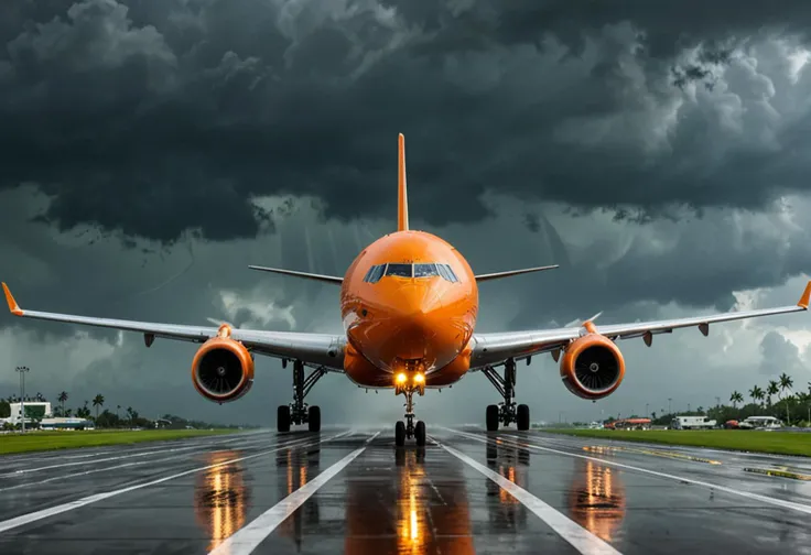 (medium full shot) of (modern jumbo orange airplane) with advanced-composite fuselage, turbofan engines, advanced avionics, LED lighting, set in descending towards a tropical airport, the airplane approaching a picturesque runway, amid stormy weather, ,Masterpiece,best quality, photo, realistic, very aesthetic,