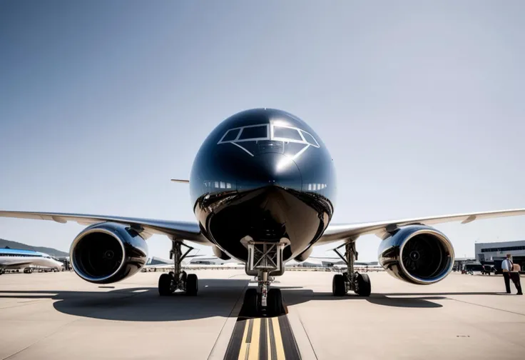(medium full shot) of (streamlined large black airplane) with aluminum-alloy fuselage, turboprop engines, wide wingspan, nose art, set in parked at a gate, passengers boarding through a jet bridge, the airplane ready for its next flight, ,Masterpiece,best quality, raw photo, realistic, very aesthetic