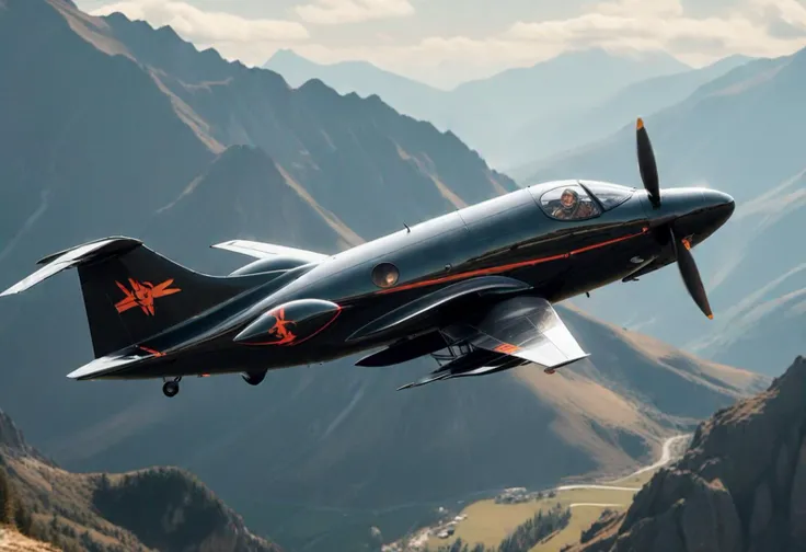 (medium full shot) of (aerodynamic small black airplane) with reinforced-plastic fuselage, propeller engines, sleek nose design, metallic accents, set in navigating through mountainous terrain, the airplane carefully adjusting its altitude, ,Masterpiece,best quality, photo, realistic, very aesthetic