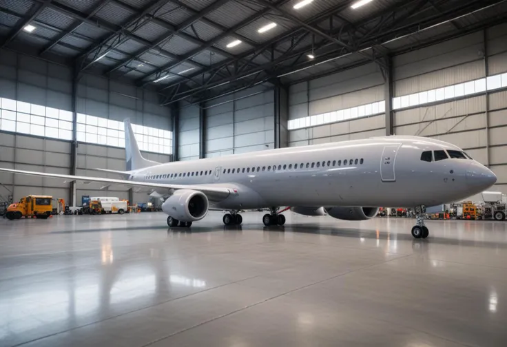 (medium full shot) of (advanced expansive gray airplane) with reinforced-plastic fuselage, propeller engines, wide wingspan, LED lighting, set in parked in a modern hangar, with state-of-the-art facilities surrounding it, Masterpiece,best quality, photo, realistic, very aesthetic,