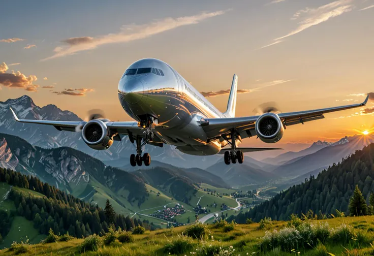 (medium full shot) of (robust large silver airplane) with advanced-composite fuselage, turbofan engines, multiple decks, LED lighting, set in cruising above alpine forests and meadows, the airplane offering spectacular scenery, during sunset, ,Masterpiece,best quality, photo, realistic, very aesthetic,