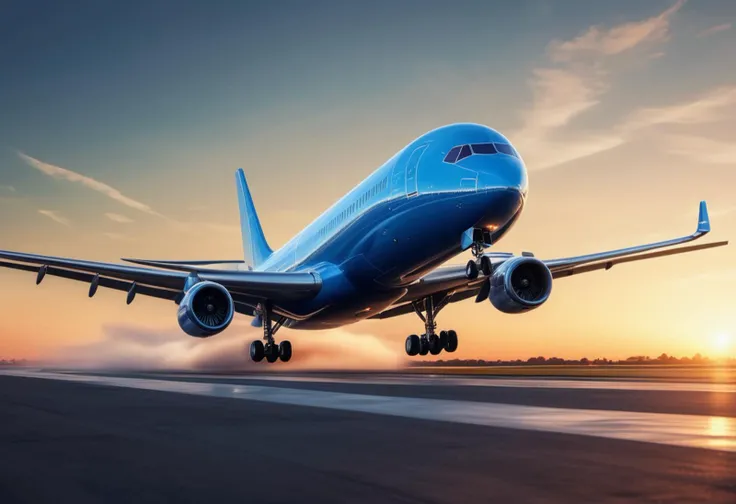 (medium full shot) of (spacious expansive blue airplane) with advanced-composite fuselage, hybrid engines, large windows, LED lighting, set in taking off from the runway, lifting gracefully into the sky, the airplane beginning its journey, during sunset, ,Masterpiece,best quality, raw photo, realistic, very aesthetic