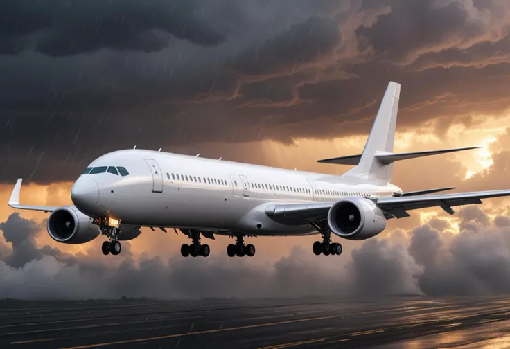 (medium full shot) of (aerodynamic expansive white airplane) with composite-material fuselage, ducted fan engines, multiple decks, metallic accents, set in in the midst of a storm, the airplane enduring strong winds and heavy rain, during sunset, Masterpiece,best quality, photo, realistic, very aesthetic,