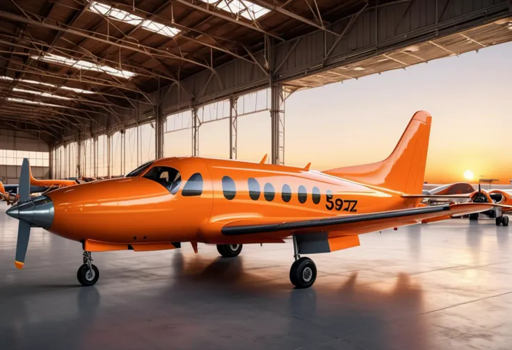 (medium full shot) of (spacious minuscule orange airplane) with advanced-composite fuselage, hybrid engines, sleek nose design, colorful tail designs, set in in a historic hangar, the airplane sharing space with vintage aircraft, during sunset, ,Masterpiece,best quality, raw photo, realistic, very aesthetic