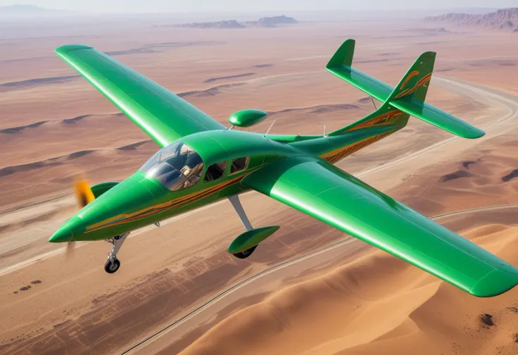 (medium full shot) of (comfortable small green airplane) with composite-material fuselage, propeller engines, wide wingspan, colorful tail designs, set in  cruising above a vast desert, the airplane offering a sense of the endless expanse, Masterpiece,best quality, photo, realistic, very aesthetic,