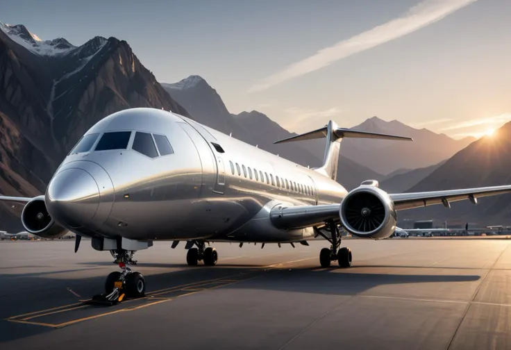 (medium full shot) of (robust large silver airplane) with carbon-fiber fuselage, turboprop engines, multiple decks, metallic accents, set in descending towards a mountain airport, the runway surrounded by rugged terrain, during sunset, ,Masterpiece,best quality, photo, realistic, very aesthetic