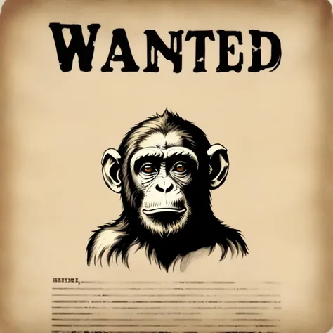 a text of "WANTED" on the top, a monkey, <lora:VintagePunk:0.8>