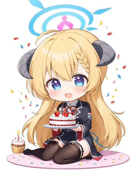 akari \(blue archive\),1girl, solo, chibi, horns, candle, virtual_youtuber, open_mouth, drooling, ahoge, braid, white_background, !!, holding, blush, birthday_cake, strawberry, confetti, black_thighhighs, garter_straps, halo
<lora:akari_(blue_archive)_image200_2023-11-26-000030:1>halo. gorgeous,key visual, vibrant, studio anime,award-winning, professional, highly detailed,high budget, cinemascope