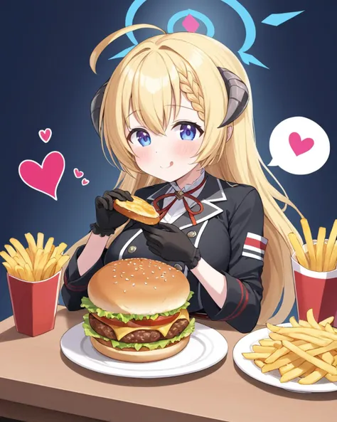 akari \(blue archive\),1girl, burger, horns, solo, tongue_out, holding_food, ahoge, drinking_straw, thought_bubble, black_gloves, white_background, braid, breasts, cup, spoken_heart, french_fries, eating, blush
<lora:akari_(blue_archive)_image200_2023-11-26-000030:1>halo. gorgeous,key visual, vibrant, studio anime,award-winning, professional, highly detailed,high budget, cinemascope