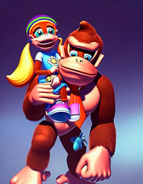 score_9, score_8_up, score_7_up, score_6_up, score_5_up, score_4_up BREAK
source_furry, source_cartoon, tiny kong, donkey kong, kong, Donkey Kong holding Tiny Kong up, carrying another, size difference, 1boy, 1girl, duo, hip grab