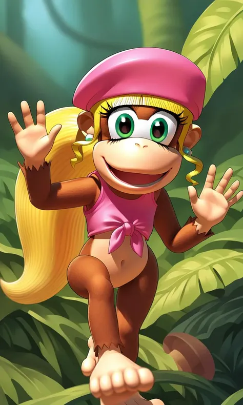 score_9,score_8_up,score_7_up BREAK solo female,source_cartoon,source_furry,dixie kong,kong,looking at viewer,smile,open mouth,waving,3d,outdoors,jungle,<lora:Donkey_Kong_Country__multi-character_lora__for_Pony:0.8>,