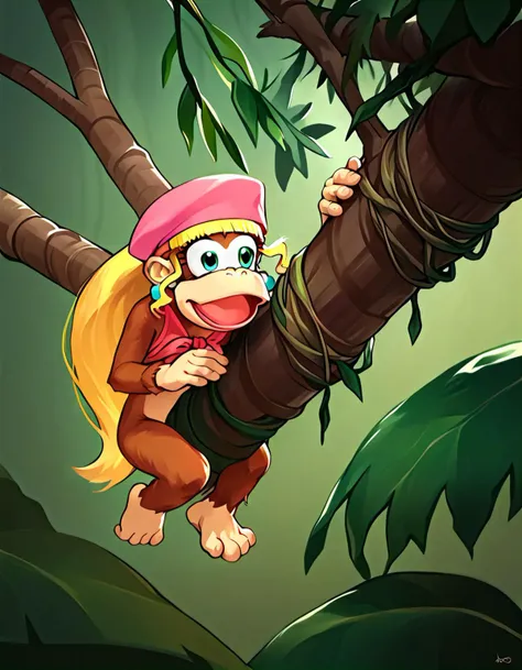 score_9, score_8_up, score_7_up, score_6_up, score_5_up, score_4_up BREAK
source_furry, source_cartoon, dixie kong hanging from the branches in a jungle tree, kong, in tree, holding branch, jungle, big leaves