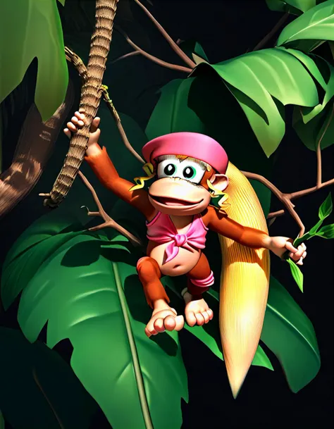 score_9, score_8_up, score_7_up, score_6_up, score_5_up, score_4_up BREAK
3d, source_furry, source_cartoon, dixie kong hanging from the branches in a jungle tree, kong, in tree, holding branch, jungle, big leaves