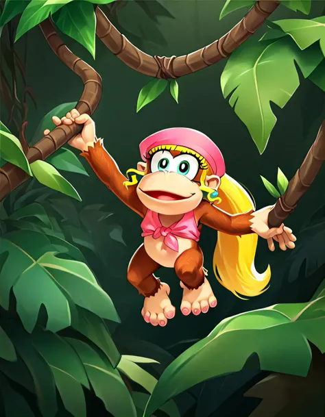 score_9, score_8_up, score_7_up, score_6_up, score_5_up, score_4_up BREAK
source_furry, source_cartoon, dixie kong hanging from the branches in a jungle tree, kong, in tree, holding branch, jungle, big leaves