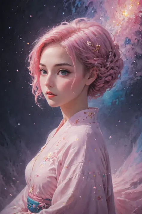 cosmic canvas,flawless, clean, masterpiece, professional artwork, famous artwork, painting of a woman, Hanfu, Asymmetrical haircut, Pastel pink hair, (galaxy background), <lora:Cosmic_Canvas_SDXL:1>