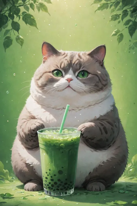 cosmic canvas,flawless, clean, masterpiece, professional artwork, famous artwork, painting of a chubby cat, ( green bubble tea background), <lora:Cosmic_Canvas_SDXL:1>