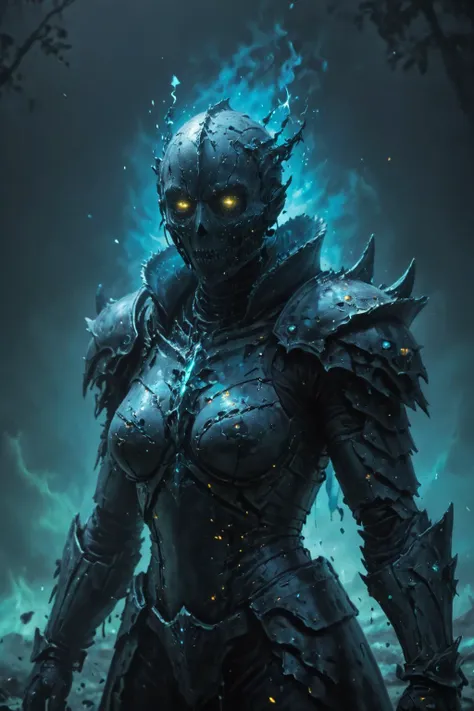 cosmic canvas, masterpiece, professional artwork, haunted mansion background, night time, bioluminescent armor, ((portrait of a powerful death knight)), bioluminescent paint splatter, upper body portrait, light fog,<lora:Bio-Luminescence:1> <lora:Cosmic_Canvas_SDXL:1>