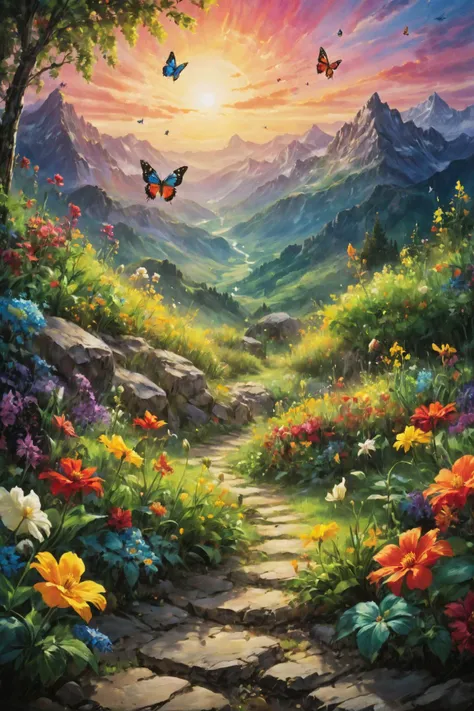 <lora:Cosmic_Canvas_SDXL:1> cosmic canvas, a garden with colorful flowers at background, ultimate art, a butterfly, rich vibrant colors, beautiful green mountains with sunrise in the background, ultra detailed <lora:add-detail-xl:0.6>