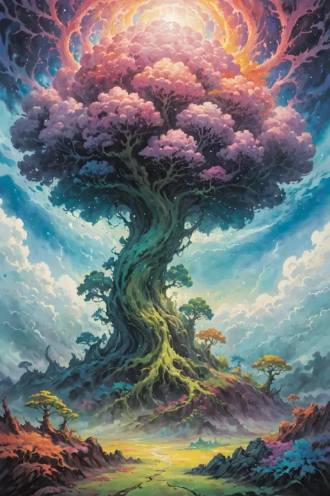 cosmic canvas,(cloudscape background), flawless, clean, masterpiece, portrait of a eldritch monster <lora:Cosmic_Canvas_SDXL:1> flat acrylic paint and overlayed bonsai plants and fractal fungus + neoplasticism and dmt color pencil + neo-fauvism, gouache painting on whites, abstractionism photoshop random panels, weird abstract art