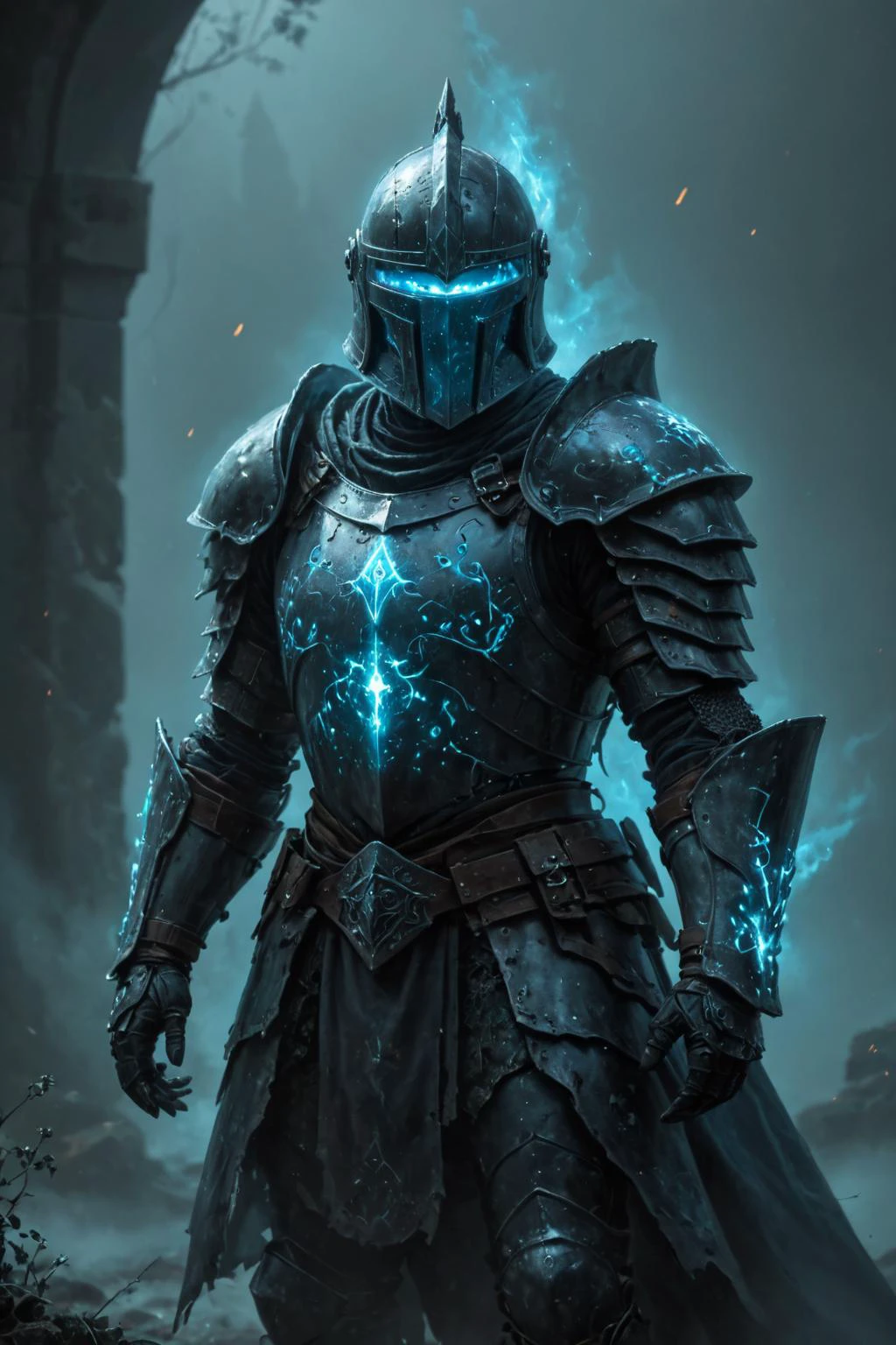 cosmic canvas, masterpiece, professional artwork, haunted castle background, night time, bioluminescent armor, ((portrait of a powerful ghostly knight)), (bioluminescent rune engravings on armor:1.3), upper body portrait, light fog, wearing full plate armor, great helmet, <lora:Bio-Luminescence:1> <lora:Cosmic_Canvas_SDXL:.65> buttshed