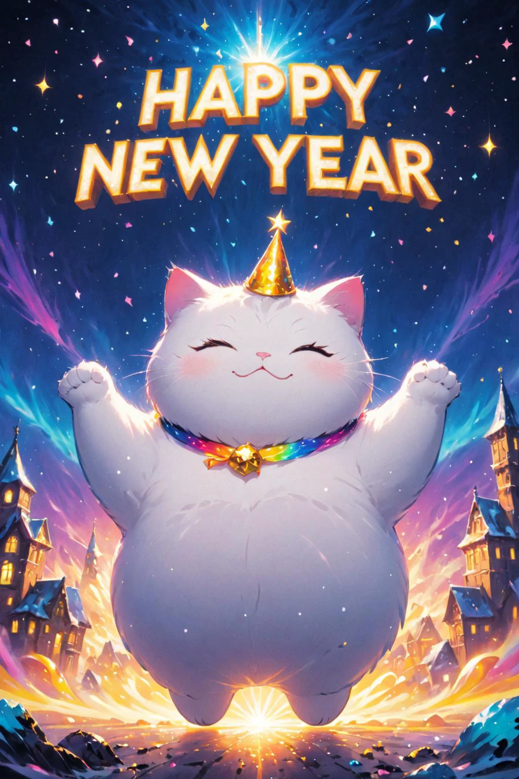 (("Happy New Year":1.3) text logo:1.3), cosmic canvas, neon city background, flawless, clean, masterpiece, painting of a cute chubby cat, <lora:Harrlogos_v1.1:1> <lora:Cosmic_Canvas_SDXL:1>