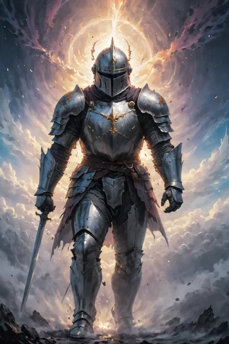 cosmic canvas,(cloudscape ,fantasy  background), flawless, clean, masterpiece, portrait of a powerful knight,  wearing helmet,  <lora:Cosmic_Canvas_SDXL:1> epic